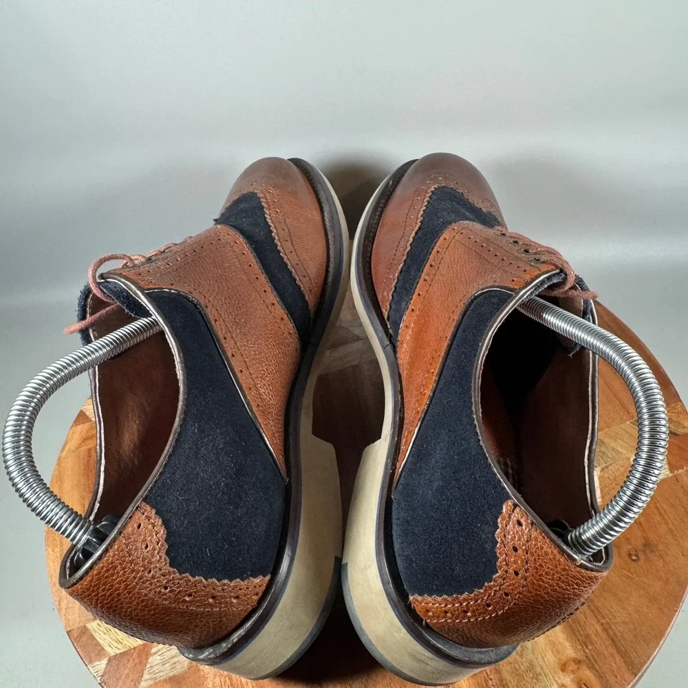 Johnston & Murphy Mens Brown Pebble Leather Navy Suede Wingtip Oxfords Size 9M